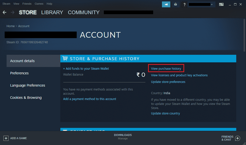 Steam Account Details and Purchase History being checked after a No licenses error.