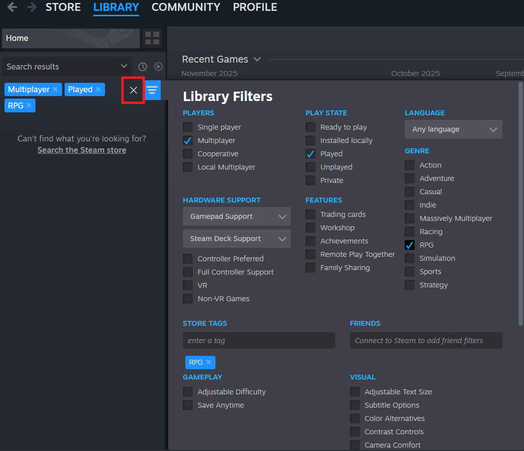 Steam client showing the signed-in account name and the normal Library view while checking a No licenses error.