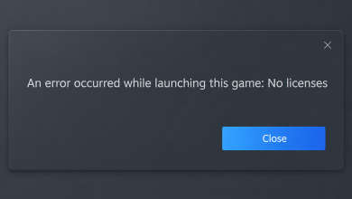 Steam showing a No licenses error while the account and game ownership status are being checked.