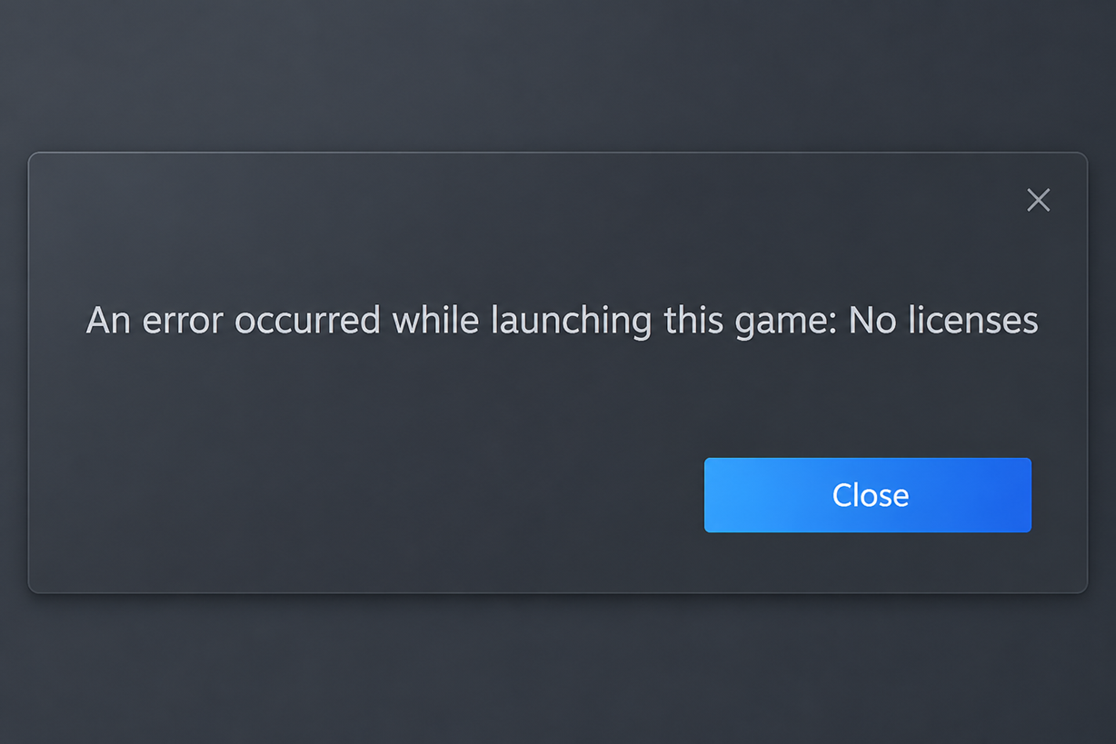 Steam showing a No licenses error while the account and game ownership status are being checked.