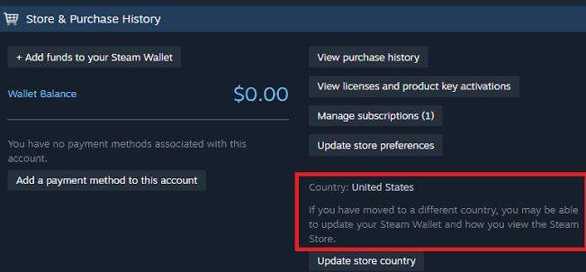 Steam Account Details showing the Store Country while checking a region-related No licenses error.