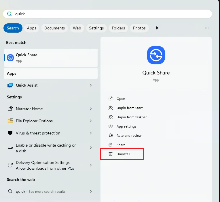 Windows uninstalling and reinstalling the Quick Share app to fix Nearby Share failures.