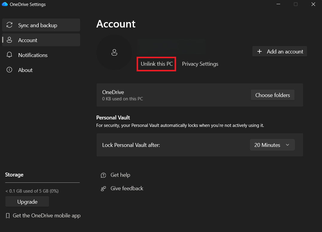 OneDrive Account settings on Windows showing Unlink this PC before signing back in to rebuild sync.