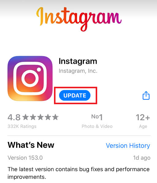 App Store or Play Store showing an Instagram update while the create post plus button is missing.
