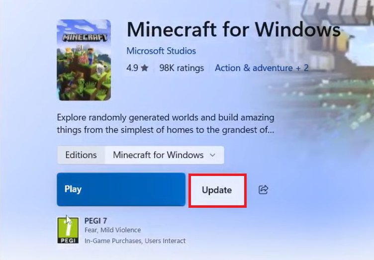 Minecraft Bedrock being updated in the platform store before retrying Error Code Creeper.