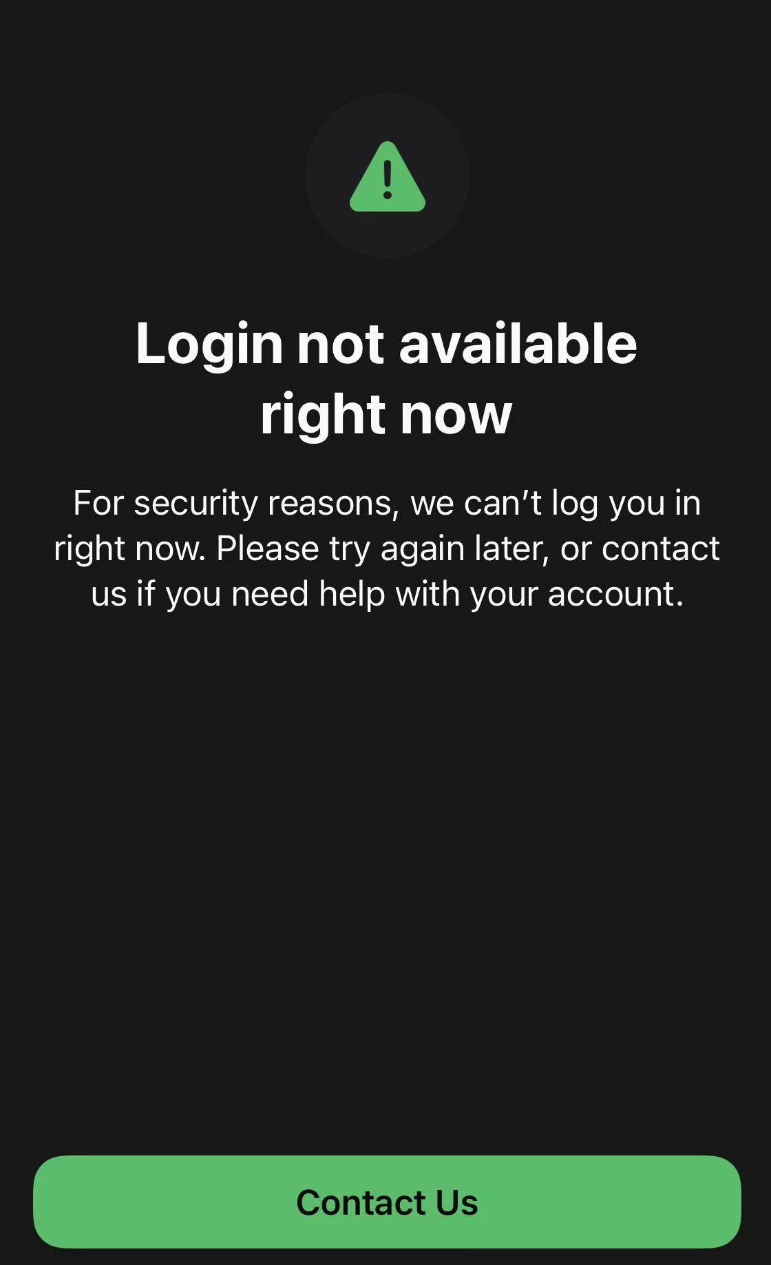 WhatsApp login not available right now screen showing the Contact Us option.