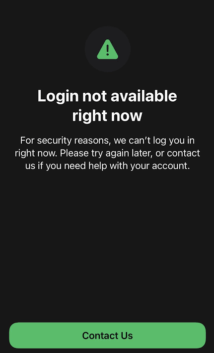 WhatsApp showing the Login not available right now message during account registration.