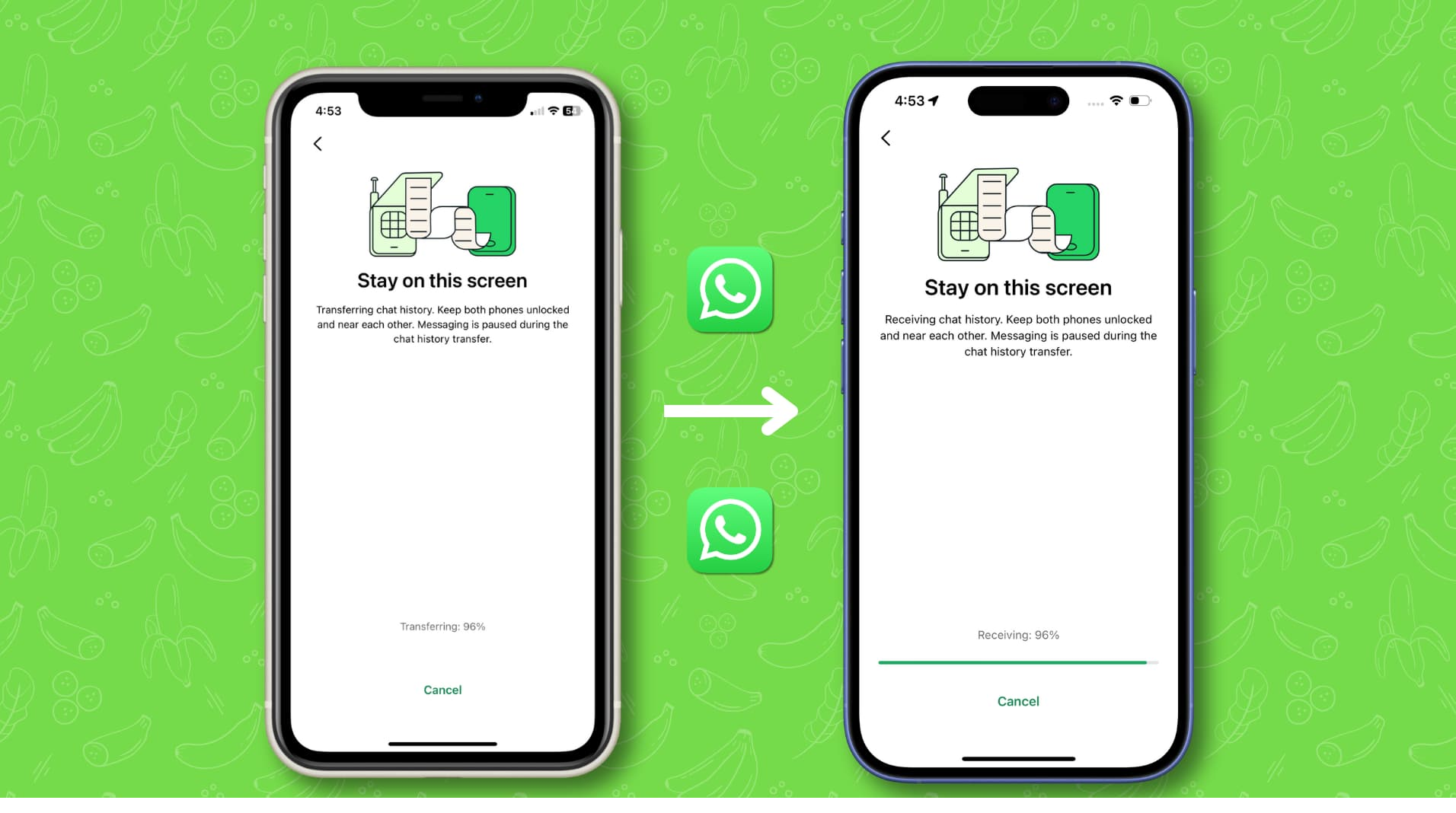 Old phone scanning the WhatsApp transfer QR code shown on a new phone.